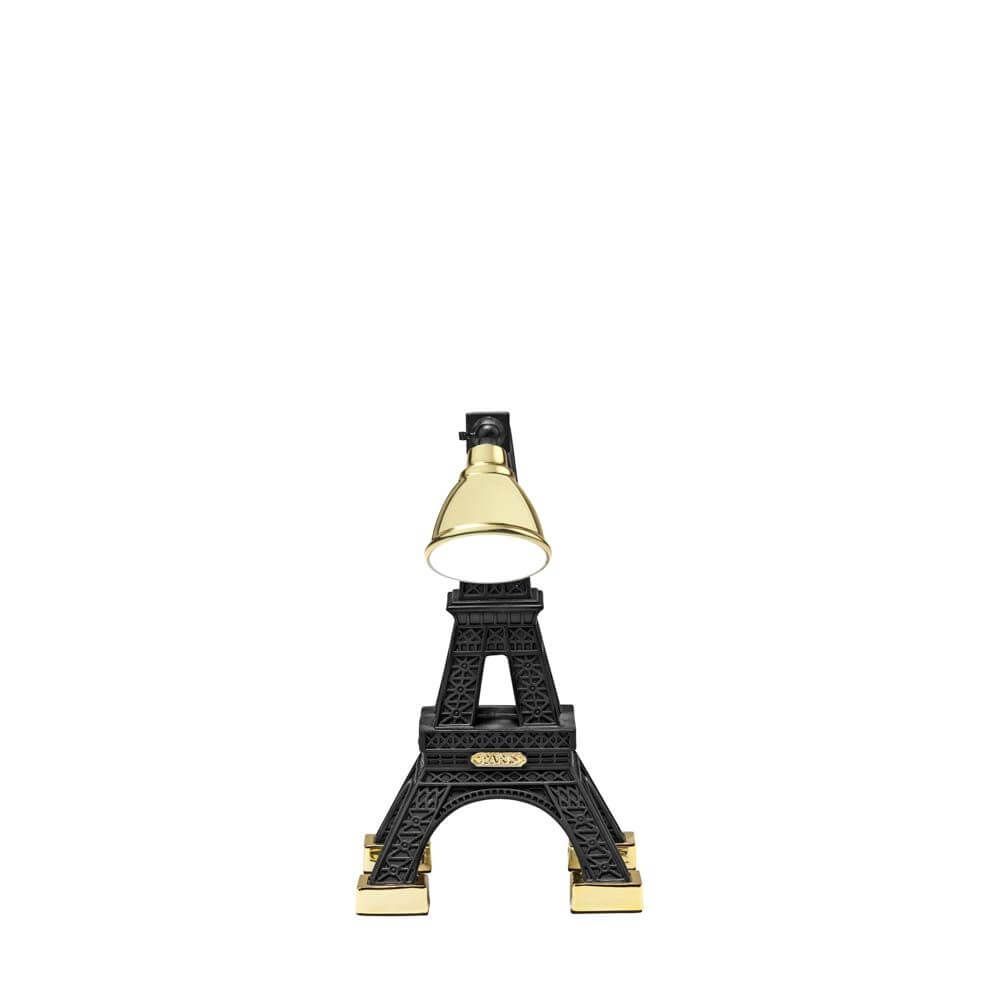 Paris XS LED Akku Tischleuchte im Eiffelturm-Design mit verstellbarem Messingdiffusor auf einem Tisch.