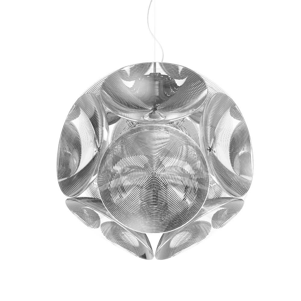 Pitagora Pendelleuchte mit 12 konkaven Polycarbonatscheiben für optimale Lichtstreuung im Raum.