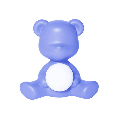 Teddy Girl rechargeable table lamp in purple, carrying a glowing sphere, designed by Stefano Giovannoni.