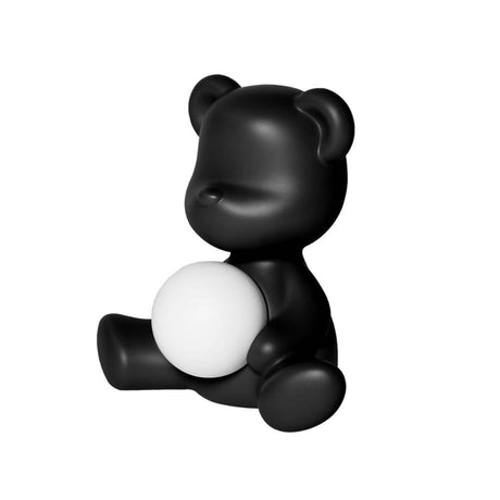 Teddy Girl rechargeable table lamp, black teddy bear lamp with a glowing sphere, cordless table lamp by Stefano Giovannoni.