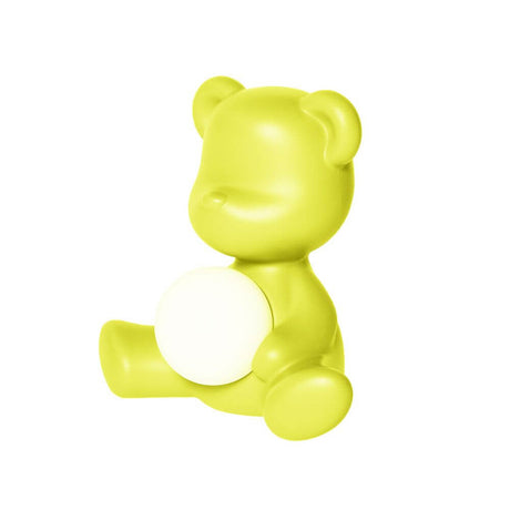 Teddy Girl rechargeable table lamp in bright yellow, cordless table lamp in teddy bear design with a glowing sphere.