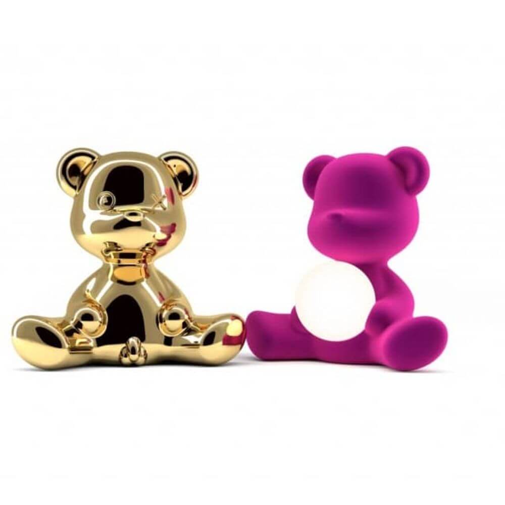Teddy Girl Velvet Akku Tischleuchte in gold und pink, niedliche Teddybärlampe mit leuchtender Kugel.