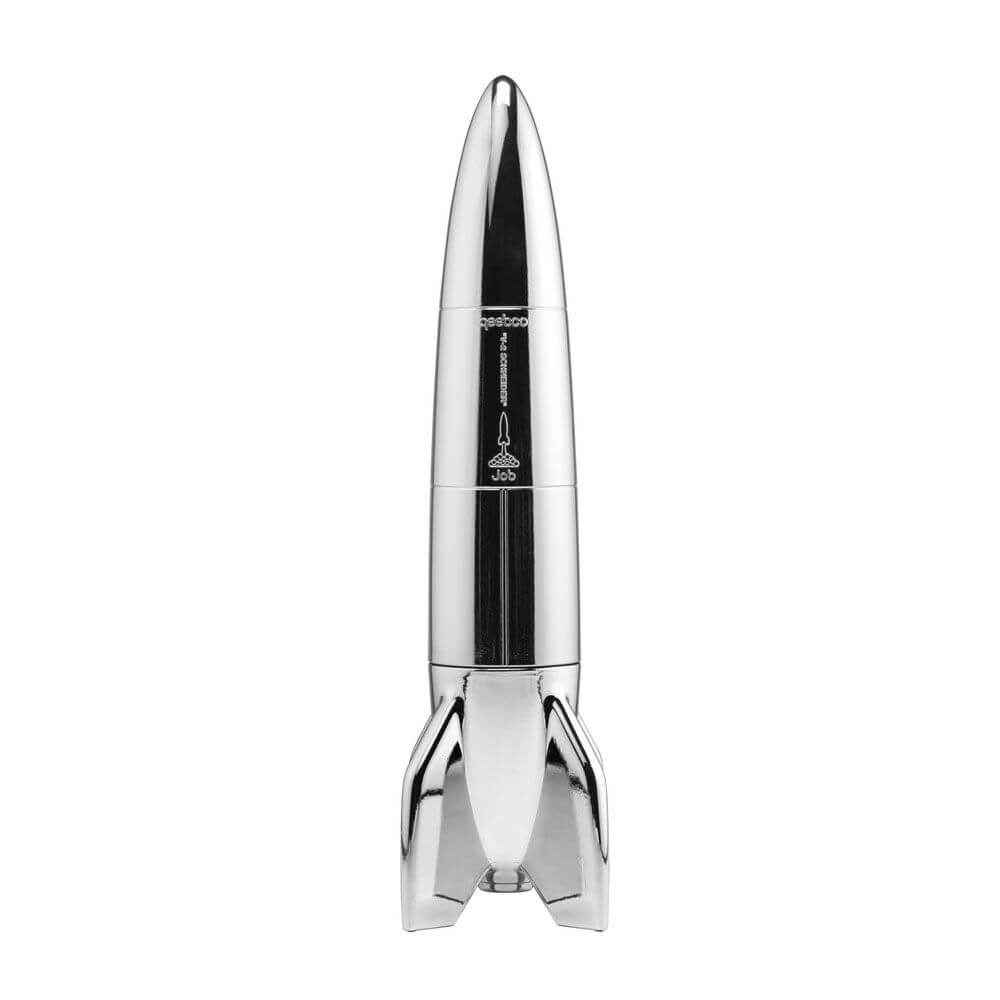 V-2 Schneider Rakete Tischleuchte in metallischer Optik, inspiriert von der V-2-Rakete des Zweiten Weltkriegs.