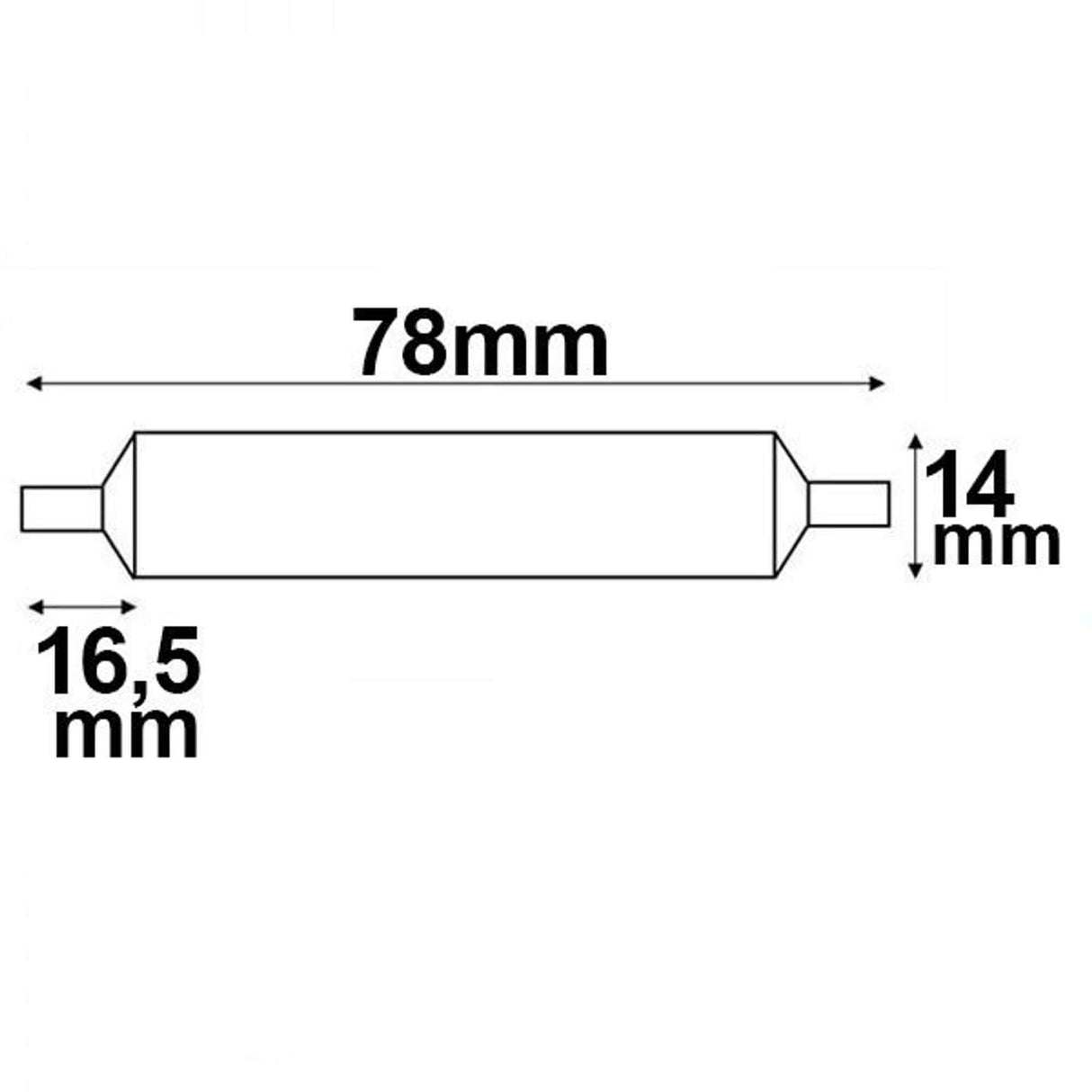 R7s LED Stab Warmweiß 78mm 360° 500lm 5W Maßzeichnung mit 78mm Länge und 14mm Durchmesser.