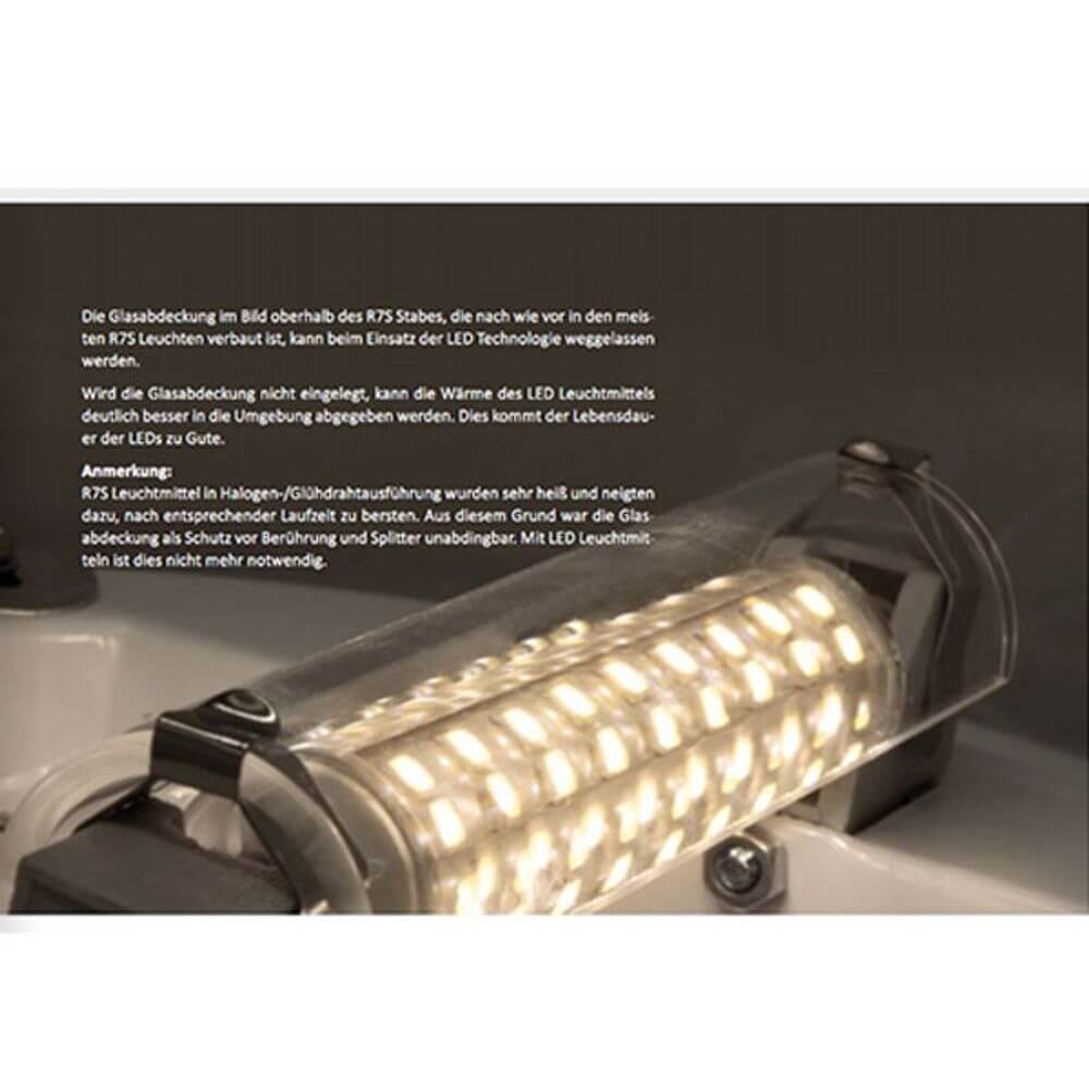 R7s LED Stab 78mm Warmweiß 3000K 500lm 6W mit Glasabdeckung für bessere Lichtverteilung.