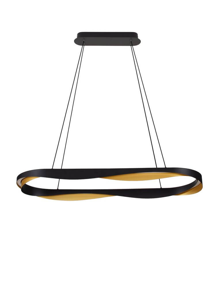 Radon LED Pendelleuchte 3000K Schwarz, Gold in modernem Design mit mattschwarzem Aluminium und goldfarbenen Akzenten.