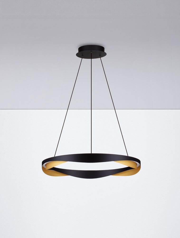 Radon LED Pendelleuchte 3000K Schwarz, Gold auf einem modernen Hintergrund, stilvolles Design und edle Akzente.