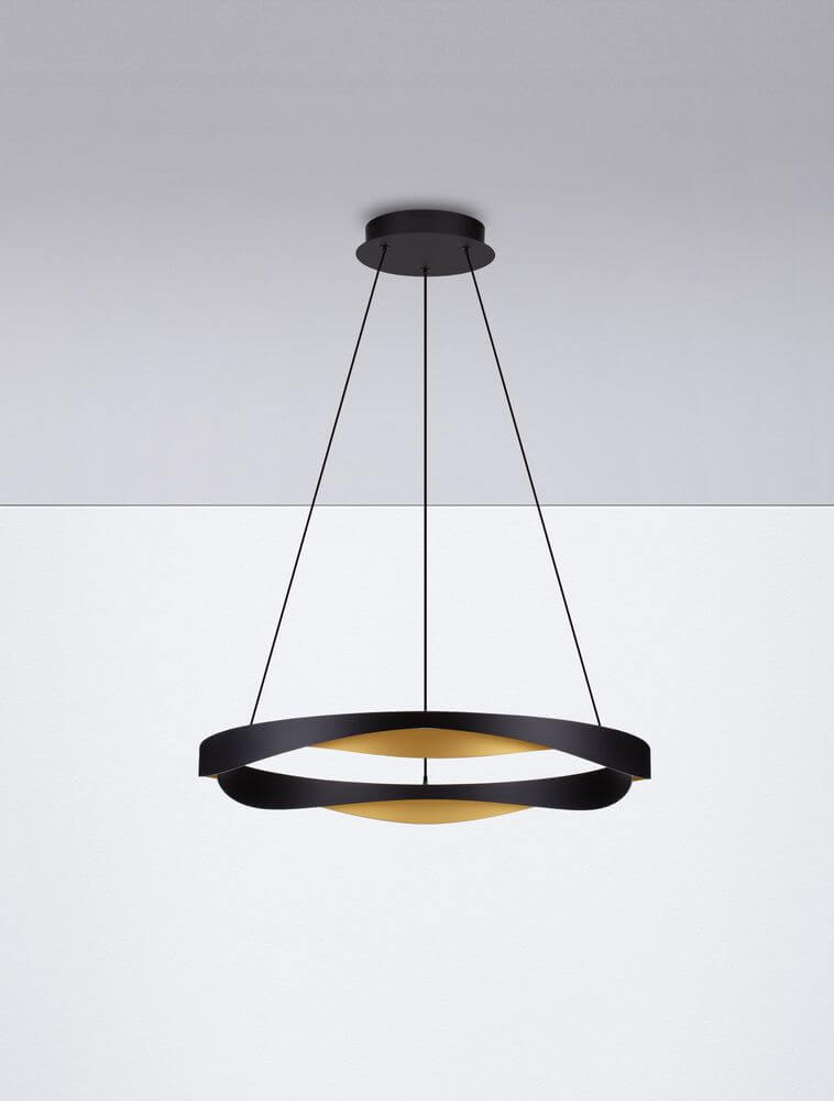 Radon LED Pendelleuchte 3000K Schwarz, Gold in modernem Design, abgehängt von der Decke, warmweißes Licht.