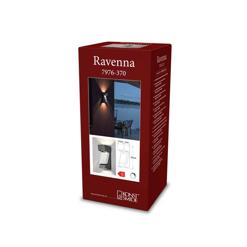 Ravenna LED Wandleuchte IP54 Verpackung mit Produktdetails und Anwendungsbeispielen.