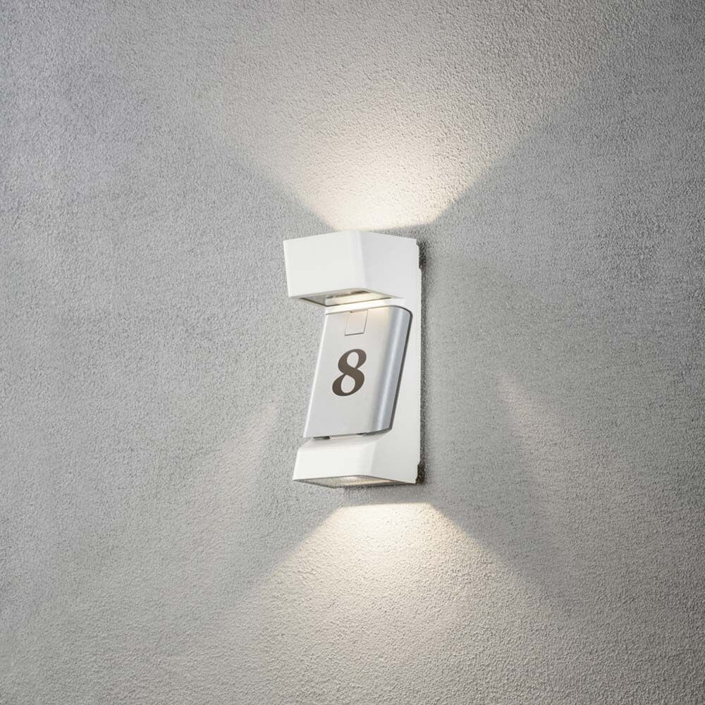 Ravenna LED Wandleuchte IP54 in Weiß mit High-Power LEDs und Hausnummer 8 an Wand