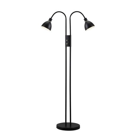 Candeeiro de pé Ray com regulador de intensidade 164 cm Preto com duas cabeças e funções reguláveis num suporte de metal preto.