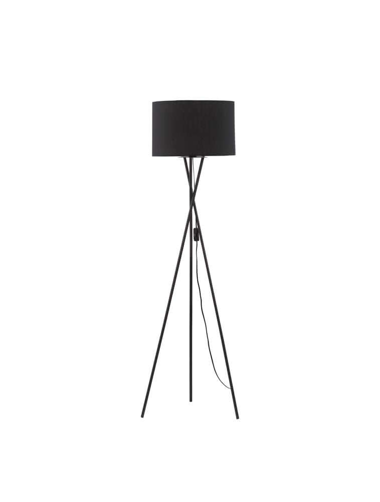 Retro Stehlampe Schwarz mit schwarzem Textilschirm und filigranem Dreibein-Gestell aus Metall.