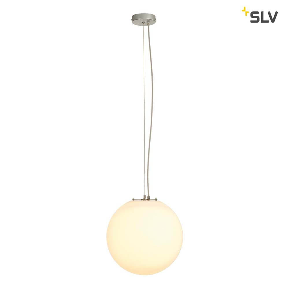 RotoBall 40 Pendelleuchte Weiß E27 max. 24W mit kugelförmigem Leuchtenschirm aus Kunststoff und silbergrauer Halterung.