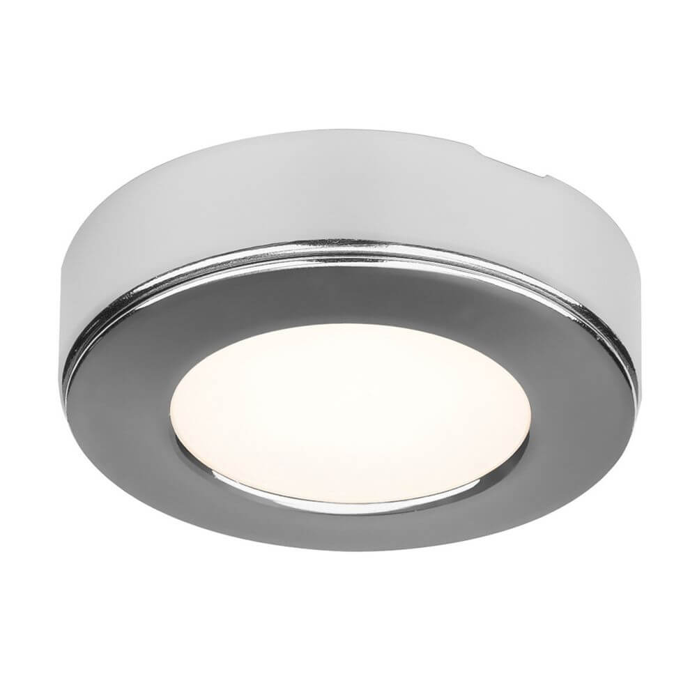 Rundes Einbaugehäuse für 3W Downlight Chrom in modernem Design, geeignet für Decken- und Unterschrankmontage.