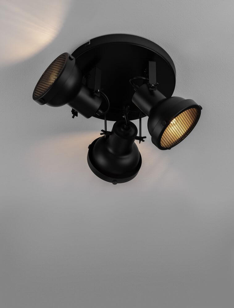 Ruvi Deckenleuchte GU10 3-flammig Ø 24cm Schwarz in mattem Schwarz mit industriellem Flair.