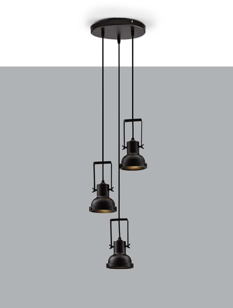 Ruvi Pendelleuchte E14 3-flammig Ø 24cm Schwarz mit modernem Design und drei schwarzen Lampen.