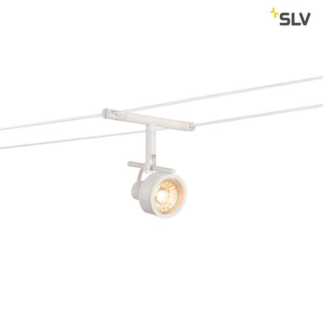 Saluna cable light for Tenseo 12V cable system QR-C51 White in use as a rotatable and swiveling spotlight.