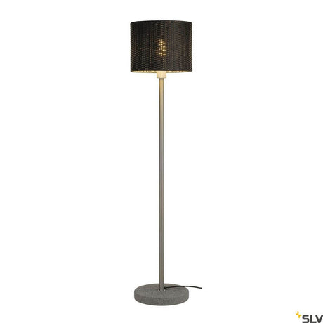 Lampadaire d’extérieur Adegan Manila IP44 en rotin avec abat-jour noir et design moderne, idéal pour les espaces extérieurs.