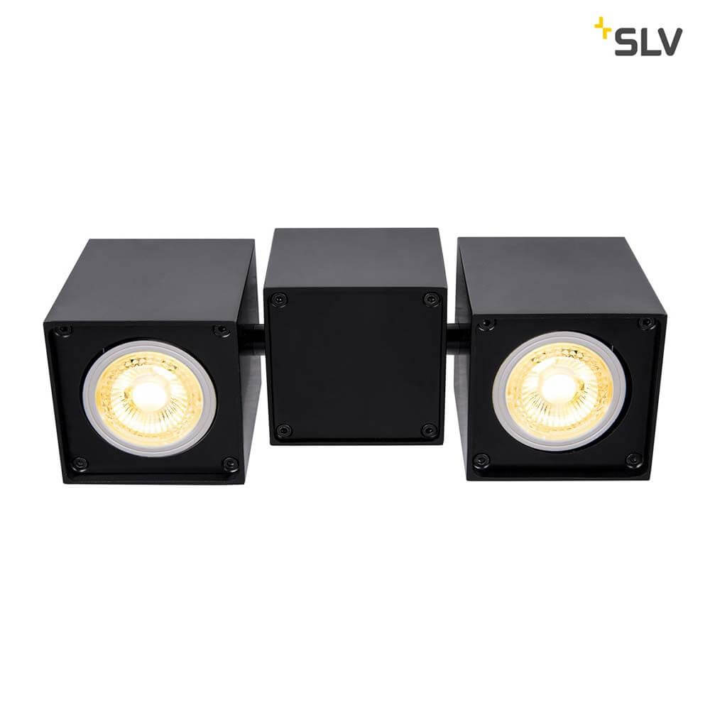 Altra Dice Aufbauleuchte Double QPAR51 in Schwarz mit zwei dreh- und schwenkbaren Leuchtenköpfen.