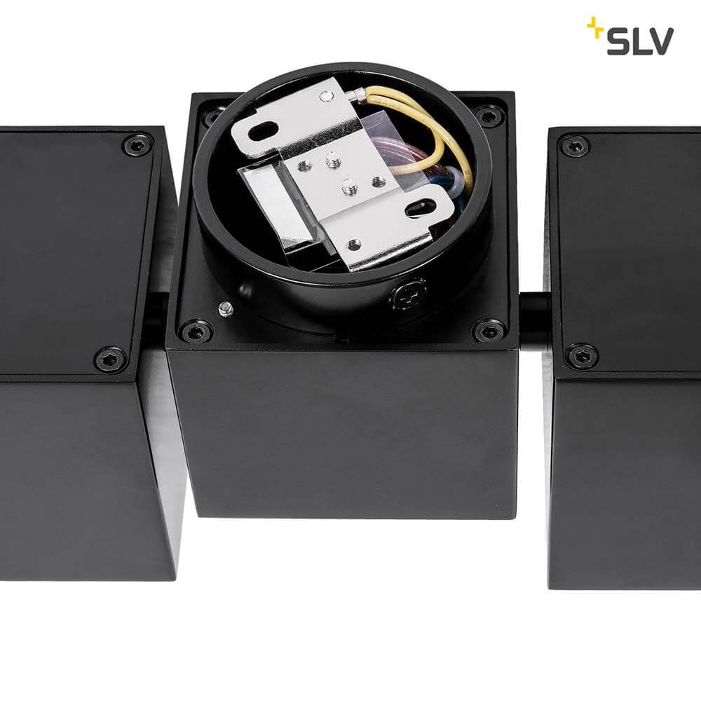 Innenansicht der Altra Dice Aufbauleuchte Double QPAR51 in Schwarz, zeigt Elektronik und Anschlussdetails.