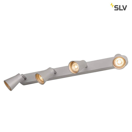 Avo Quad surface-mounted light in silver with four rotatable and swiveling light heads on an aluminium canopy.