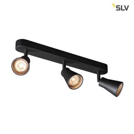 Avo Triple surface-mounted light in black with rotating and swivelling lamp heads on a black base.