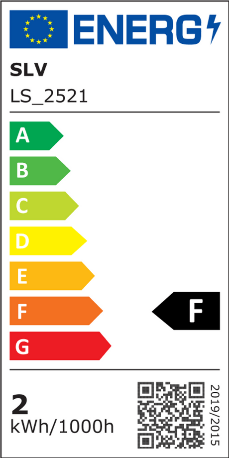 Energieffektivitetsmerke for SLV LS_2521 med vurdering F og forbruk på 2 kWh/1000h.