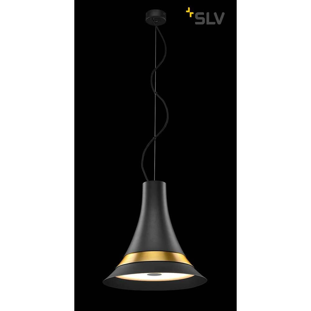Bato 35 LED Pendelleuchte Schwarz, Messing elegant hängend mit goldener Akzentlinie auf schwarzem Hintergrund.