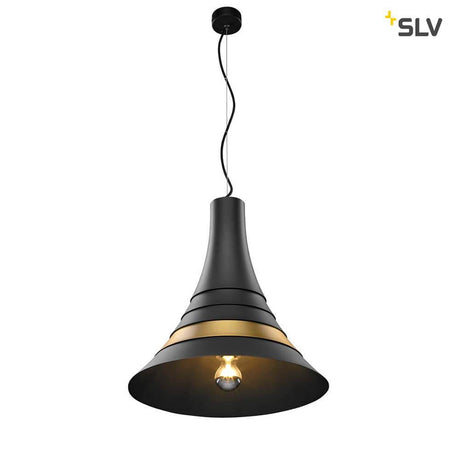 Bato 45 Pendelleuchte Schwarz, Messing moderne Hängeleuchte mit schwarzem Schirm und Messingdetail, SLV
