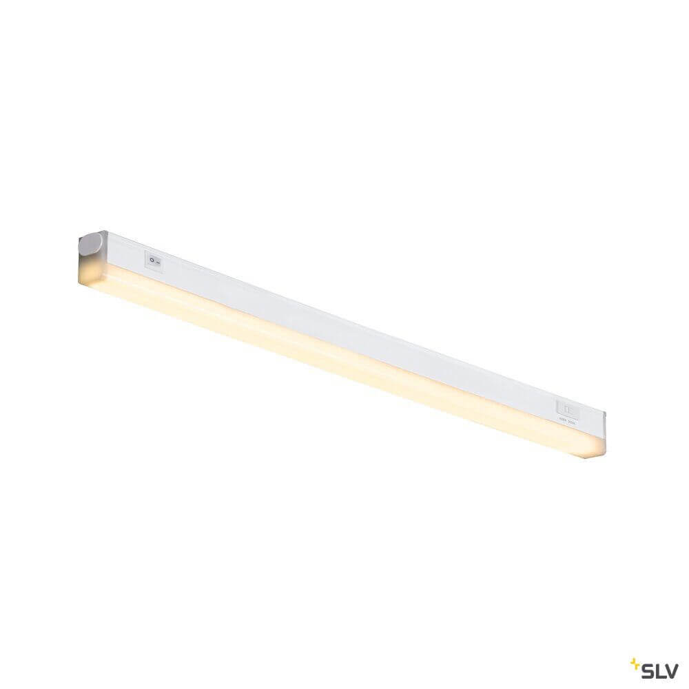 Batten LED Lichtbalken in Weiß mit warmem Licht, ideal für Decken- und Wandmontage, einfach anzuschließen.