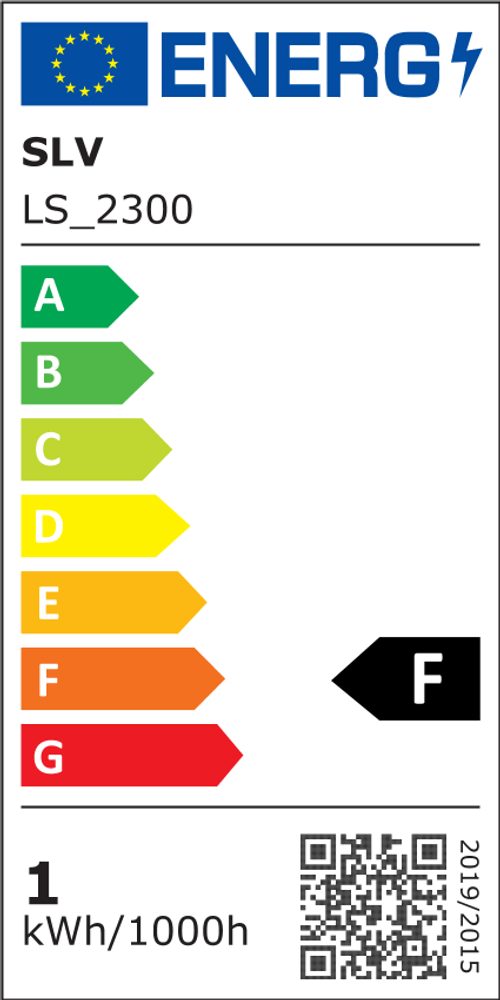Energieeffizienzlabel für SLV LS_2300, Klasse F, zeigt Verbrauch von 1 kWh pro 1000 Stunden.