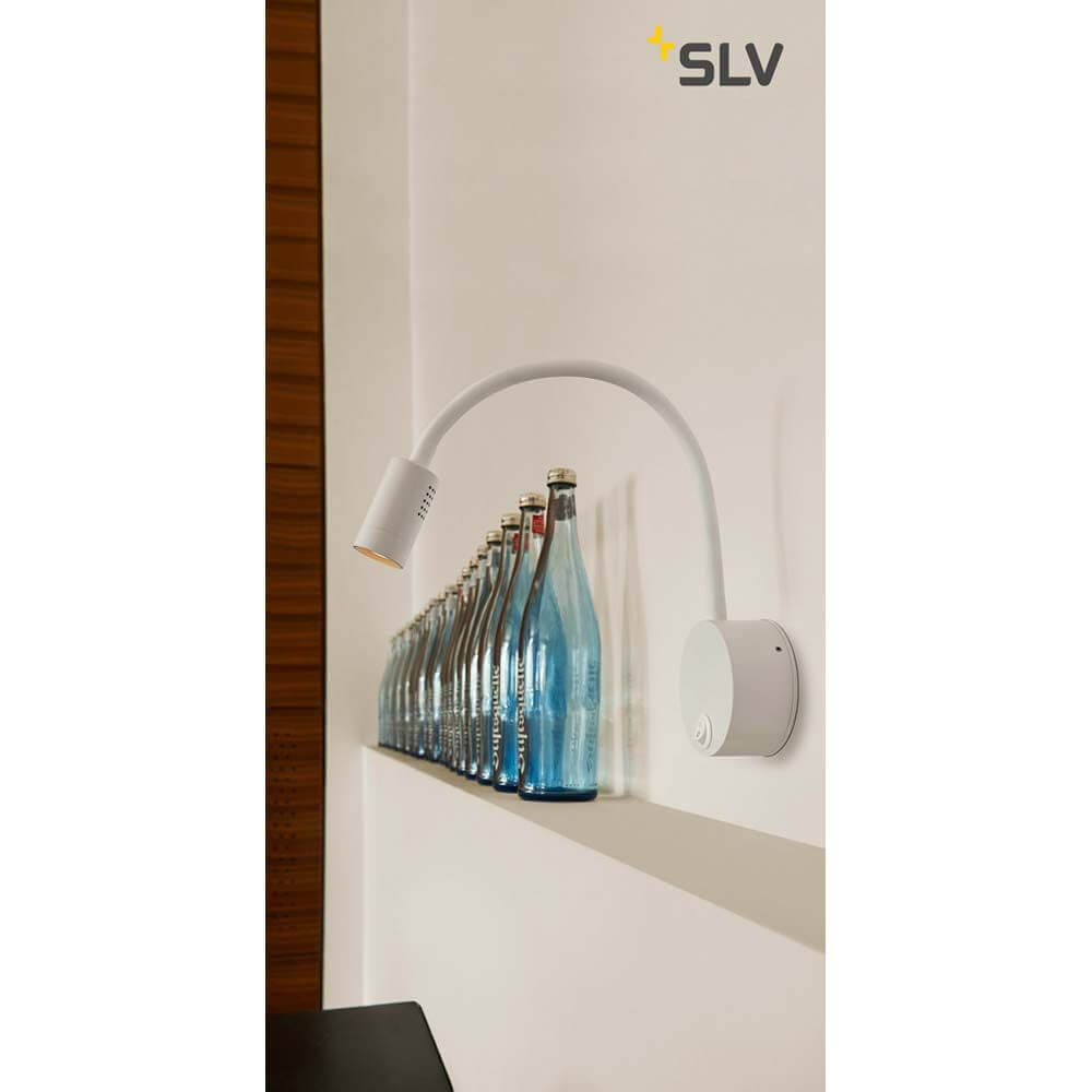 Dio Flex Plate LED Displayleuchte Weiß mit Flexarm, geeignet für Wandmontage und 230V Anschluss.