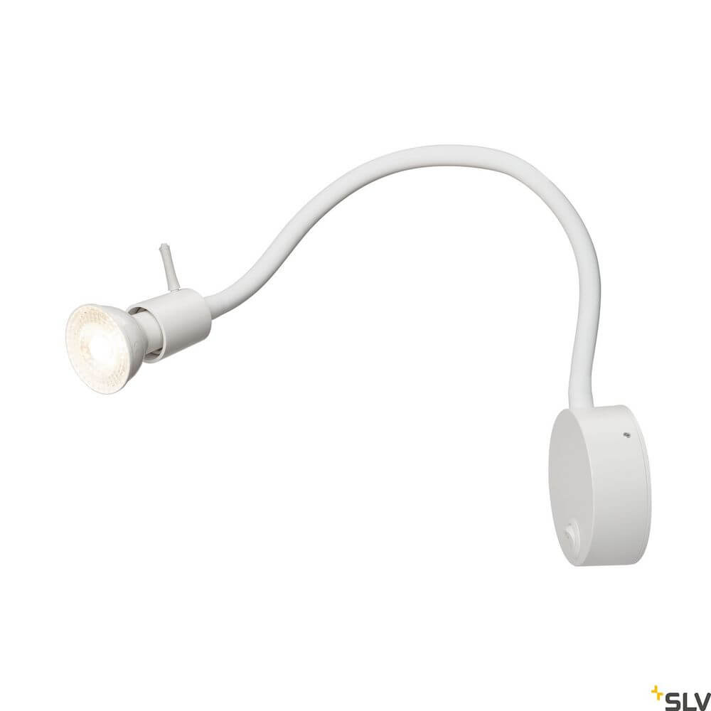 Dio Flex Plate QPAR51 Wandlampe Weiß an einer Wand montiert mit flexiblem Arm und weißem Design.