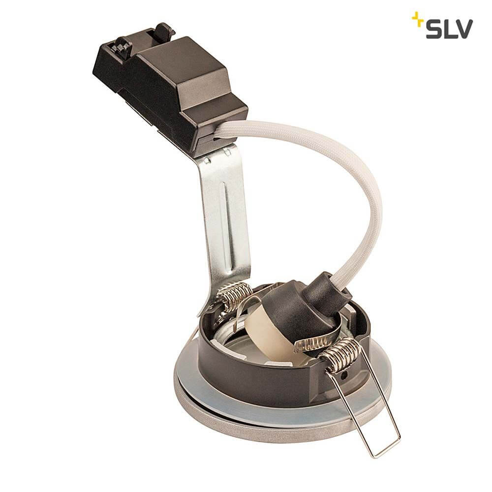 Dolix Out Einbaustrahler 230V IP65 Rund Silbergrau mit GU10 Hochvoltfassung und Aluminiumgehäuse.