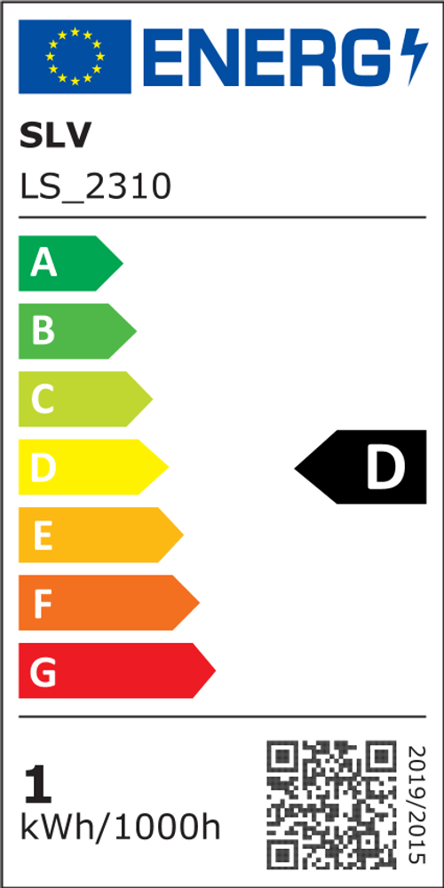Energieeffizienzlabel für SLV LS_2310 mit D-Note, Verbrauch von 1 kWh/1000h und QR-Code.