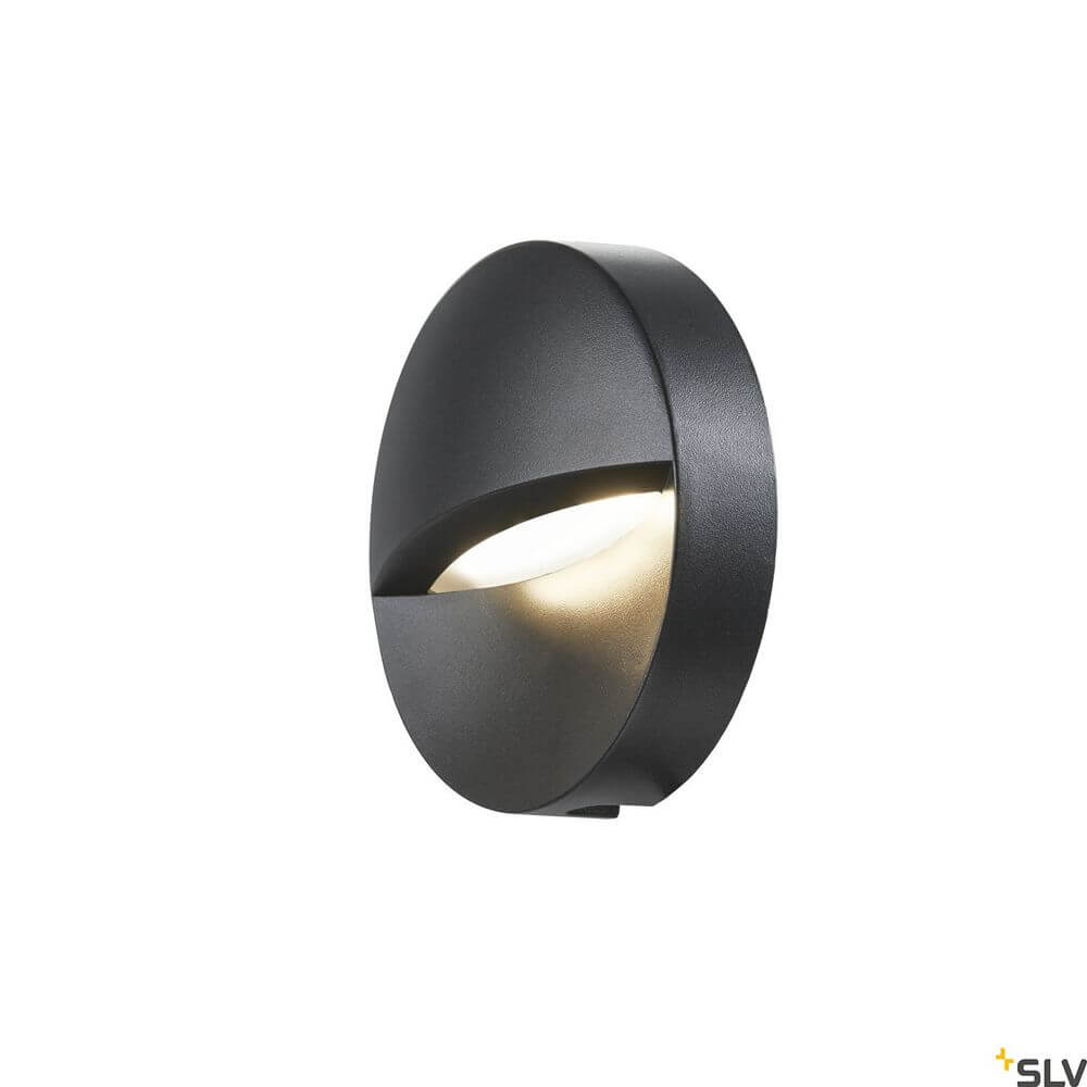 Downunder Out Round LED Wandeinbaulampe Anthrazit 3000K an einer Wand installiert, modernes Design.