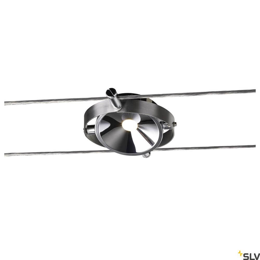 Durno LED Seilleuchte für Tenseo Niedervolt-Seilsystem an einem Seil montiert, modernes Design und schwenkbar.