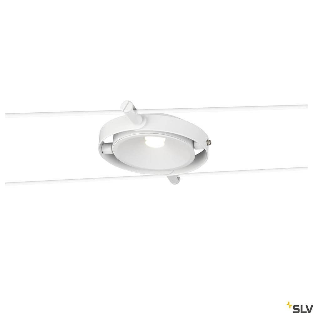 Durno LED Seilleuchte für Tenseo Niedervolt-Seilsystem mit dreh- und schwenkbarem Design in Weiß.