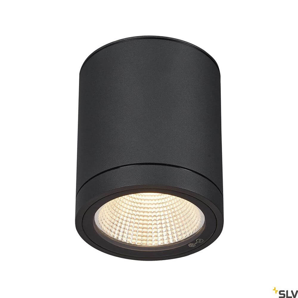 Enola Round LED Deckenaufbauleuchte CCT Outdoor in modernem schwarzen Design, ideal für Außenanwendungen.