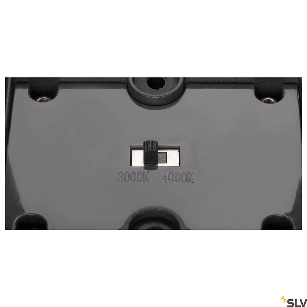 Detailansicht des Schalters der Eskina Double LED Pollerleuchte Frame IP65 mit Temperaturwahl 3000K oder 4000K.