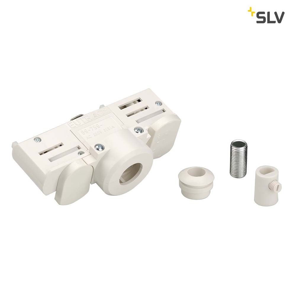 Eutrac 3-Phasen Stromschienenadapter Weiß für Hochvolt-Schienen-System mit Zubehörteilen.