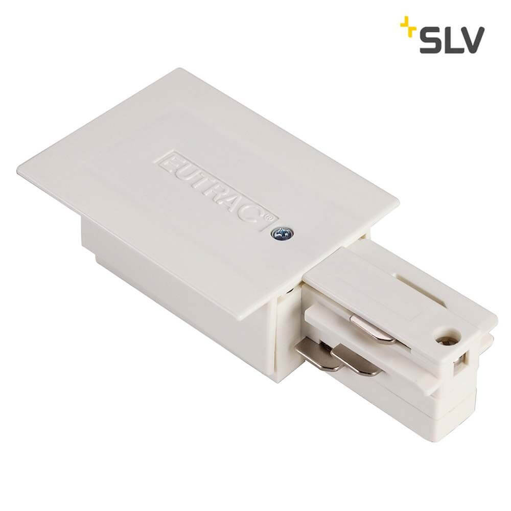 Eutrac Einspeiser für 3P.-Einbauschiene Weiß Erde Rechts - Endeinspeiser für 3Phasen-Einbauschienen-System.