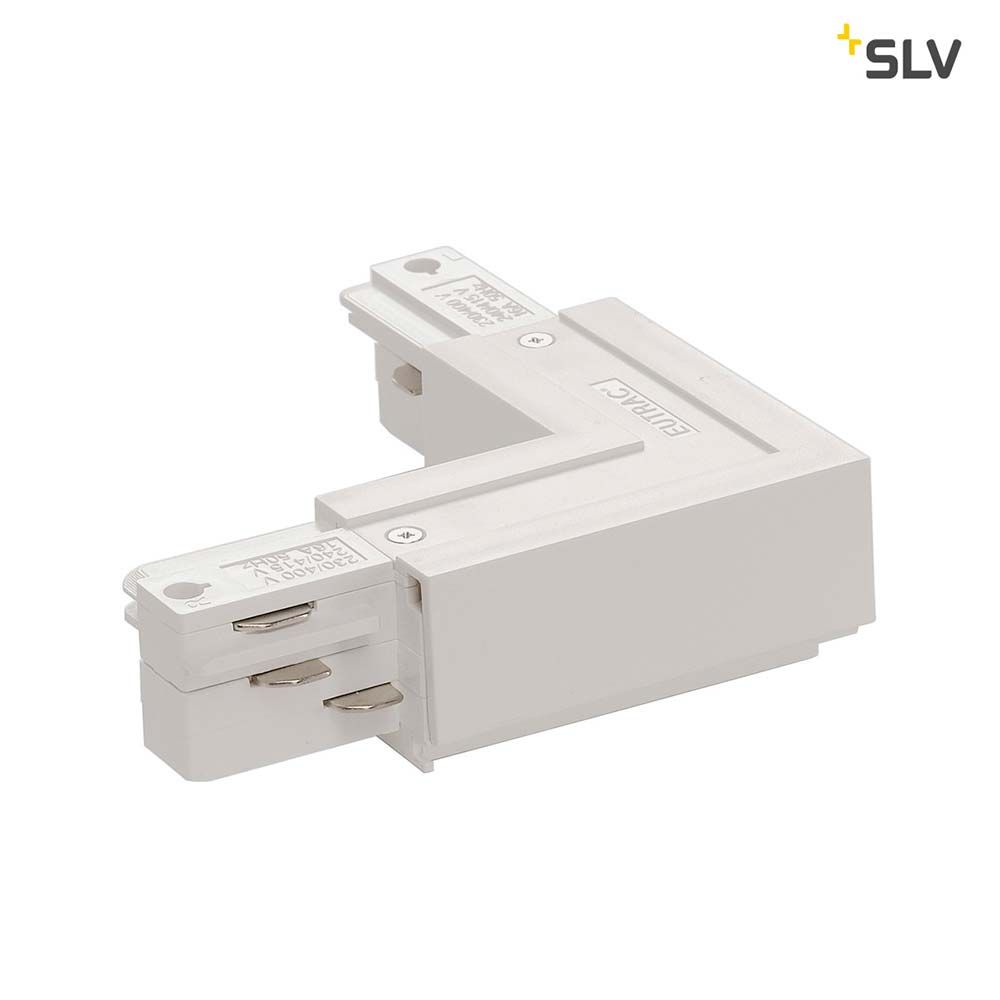 Eutrac L-Verbinder Erde Außen Weiß als Eckverbinder für Hochvolt 3Phasen-Aufbauschienen-System.