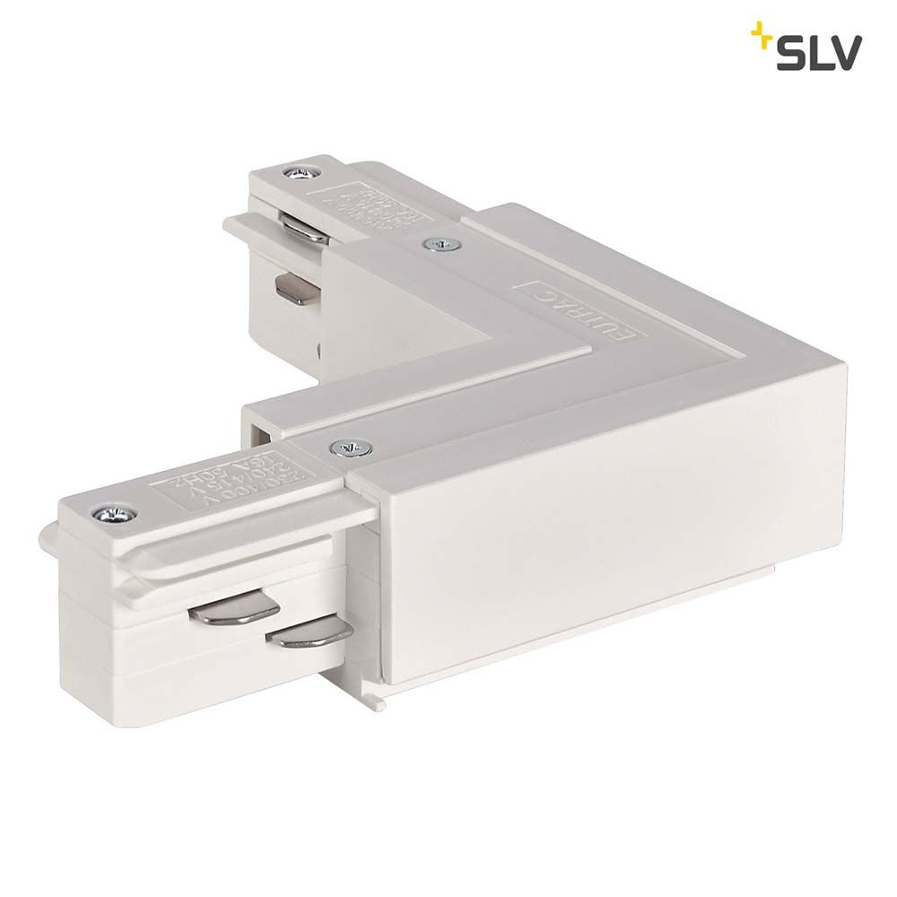 Eutrac L-Verbinder Erde Innen Weiß für Hochvolt 3-Phasen-Aufbauschienen-System, Eckverbinder.