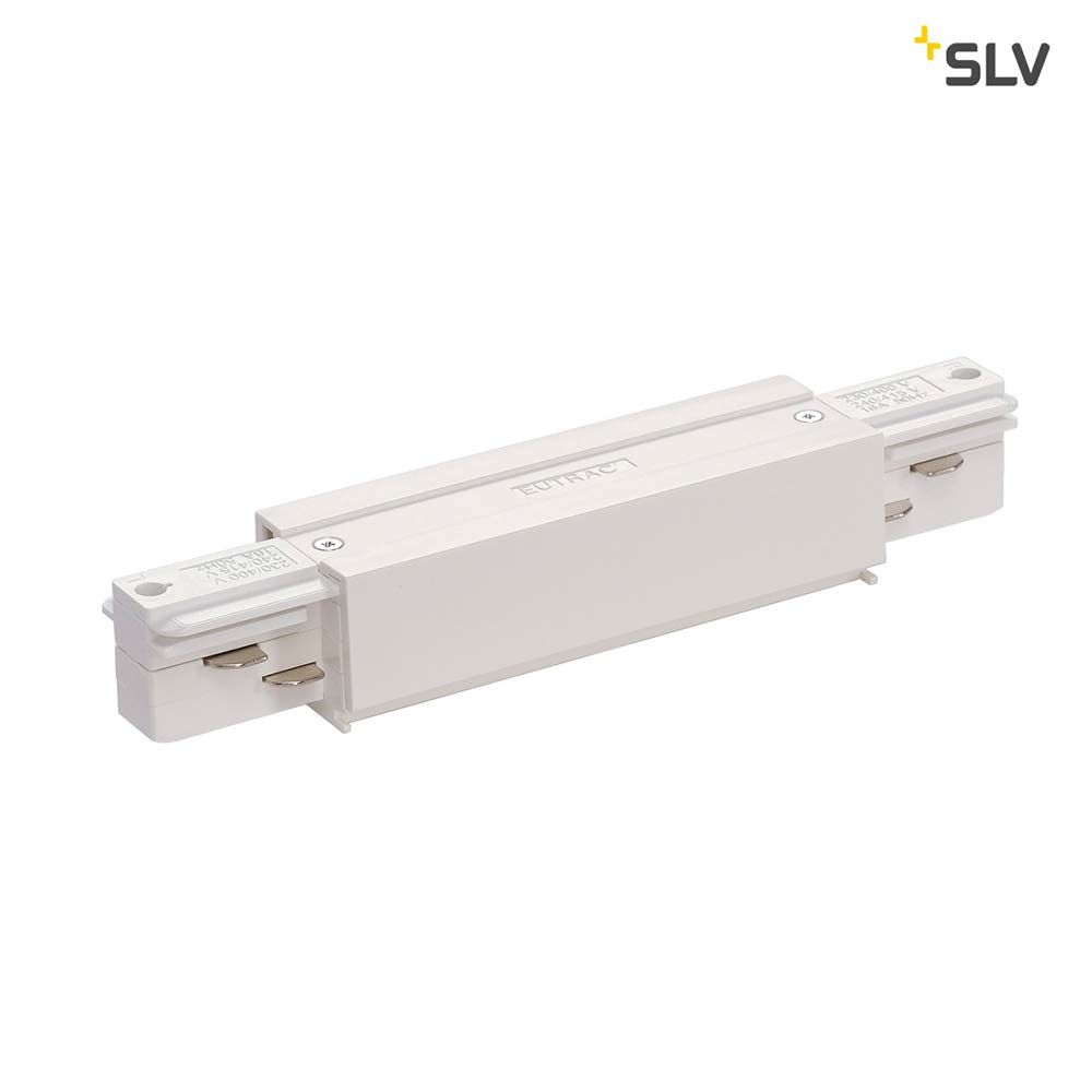 Eutrac Längsverbinder mit Einspeisemöglichkeit Weiß für Hochvolt 3Phasen-Aufbauschienen-System.