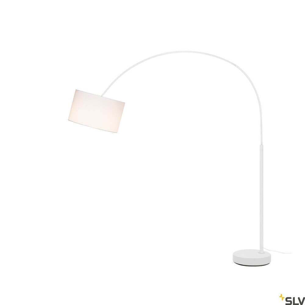 Fenda Bow Basis E27 Bogenlampe Weiß (ohne Schirm) mit gebogenem Lampenarm und weißem Lampenschirm.