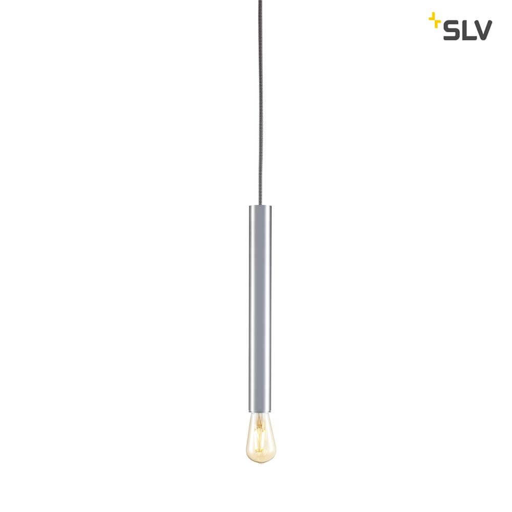 Fitu Pendelleuchte E27 Alu-Gebürstet mit offenen Kabelende in schlanker Form und offener Glühlampe.