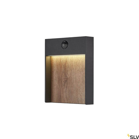 Flatt Sensor LED outdoor wall light 3000K anthracite, brown on the wall with warm lighting.