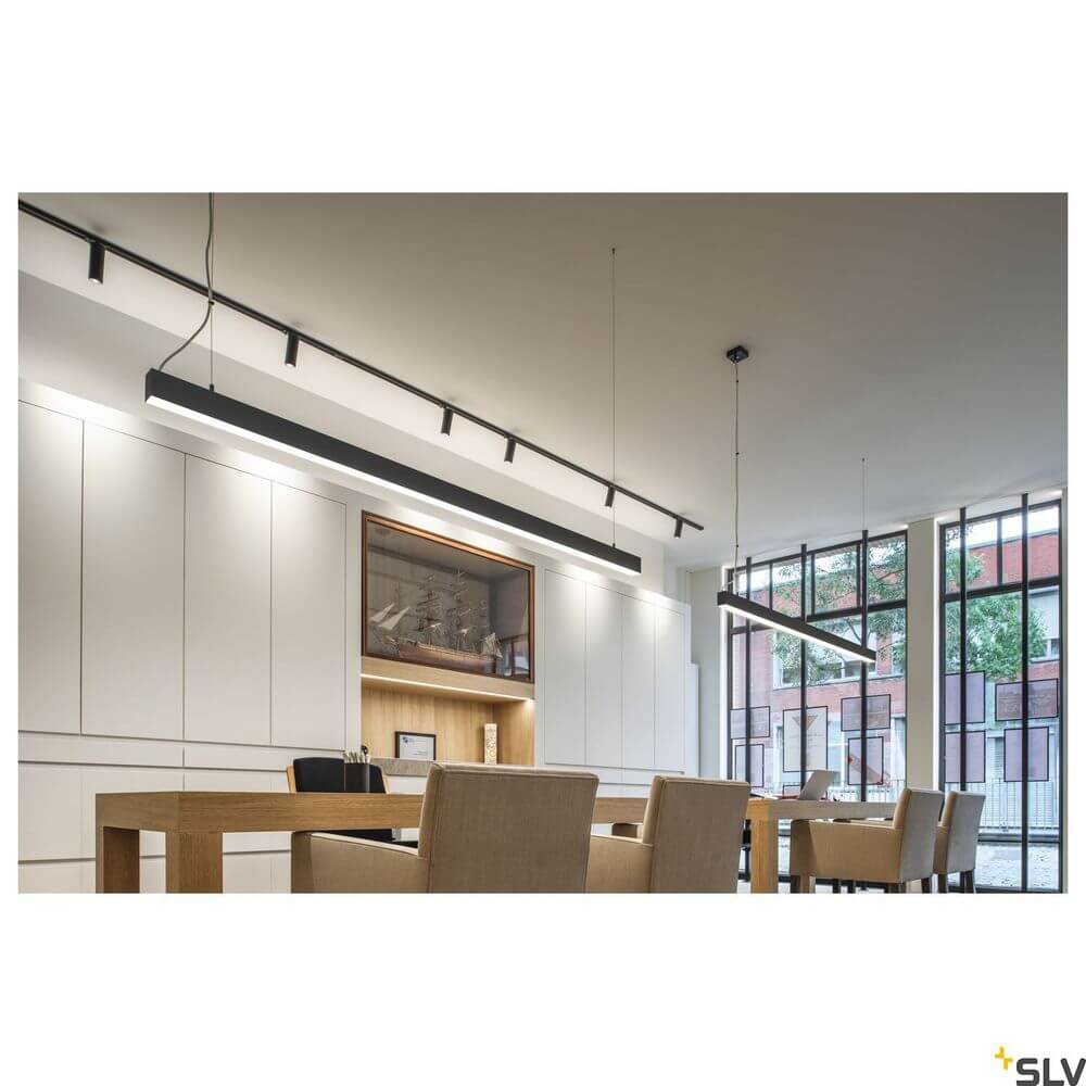 Glenos 2m Pendellampe in Schwarz mit 3000K, moderne Beleuchtung für stilvolle Büroräume.