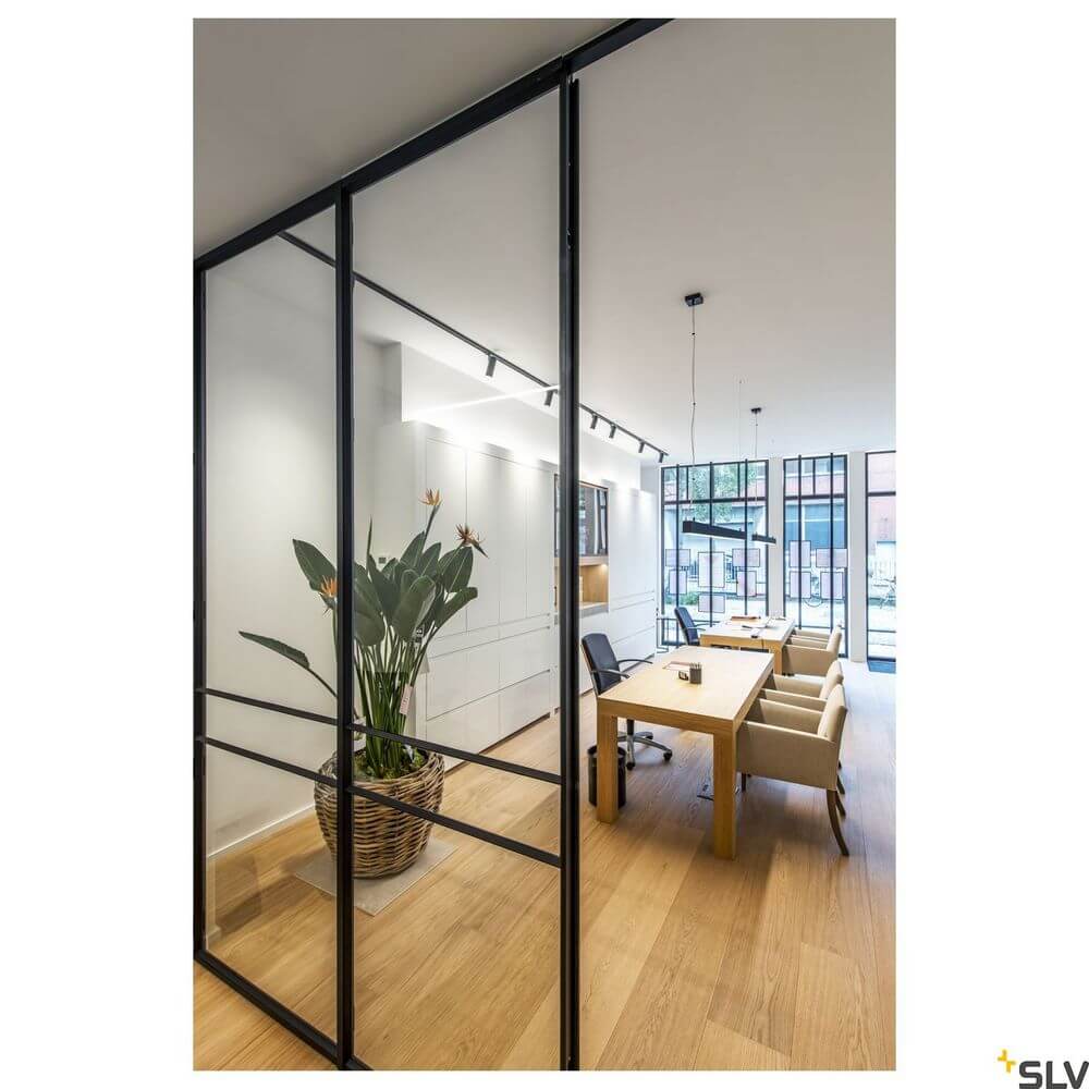 Modernes Büro mit Glastrennwänden, Pflanzen und Holzstuhl-Esstisch für inspirierende Arbeitsumgebung.